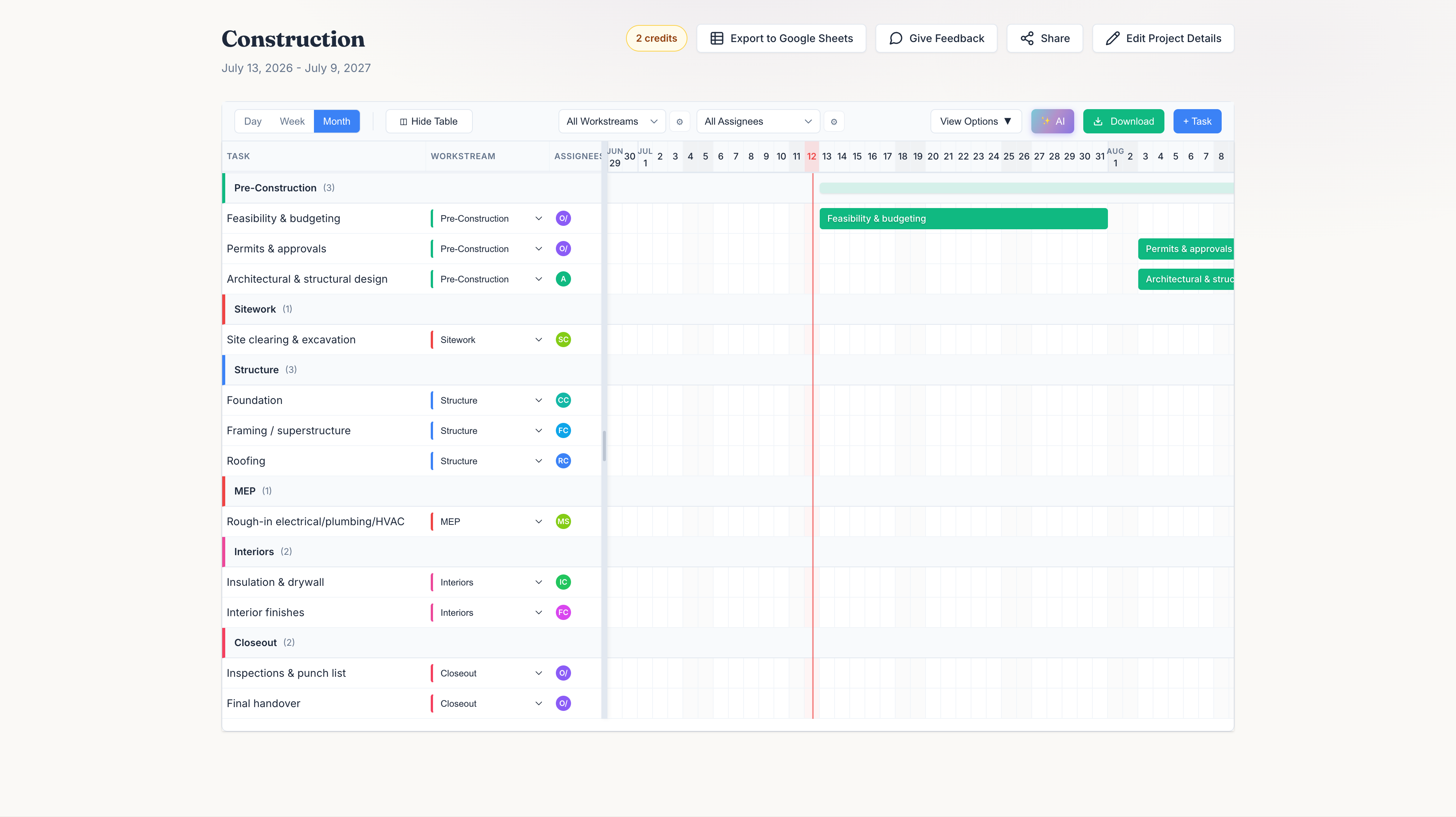 Construction schedule for a ground-up build, shown in the GanttChart.AI editor with crews and workstreams