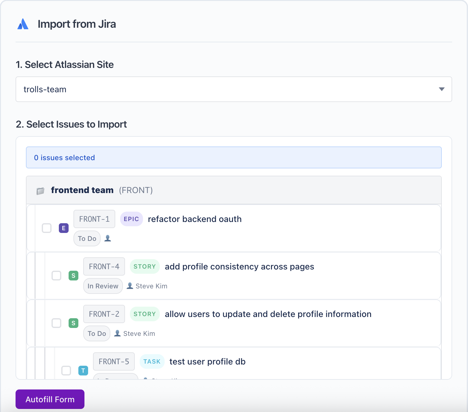 Jira issues example